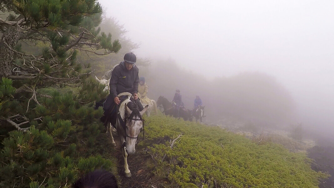 Reiter durchqueren trockenes, hügeliges Gelände im Madonie Nationalpark.